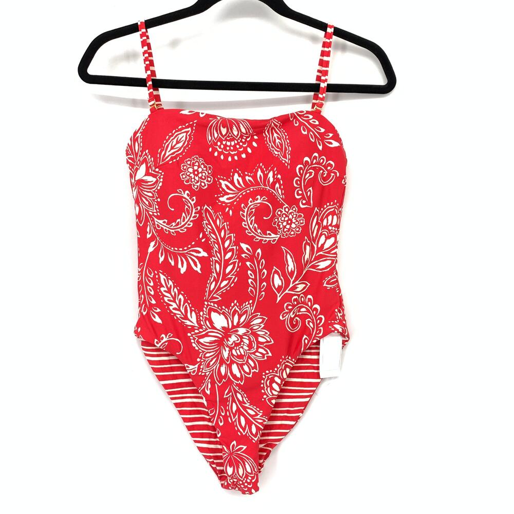 Seafolly Tube Maillot One Piece Swimsuit Red White Floral Stripe Reversible US 6